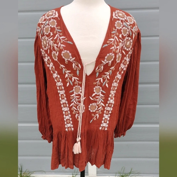 Free People Wild Dreams Embroidered Tunic Top Dress Rust Long Sleeve Peplum S - Picture 2 of 9